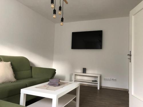 a living room with a green couch and a table at Villa Rosa in Bad Rodach