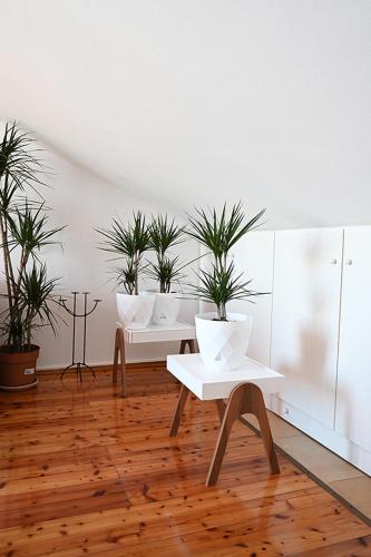 a room with three white tables and potted plants at Tanya-Apartments and Rooms in Hvar