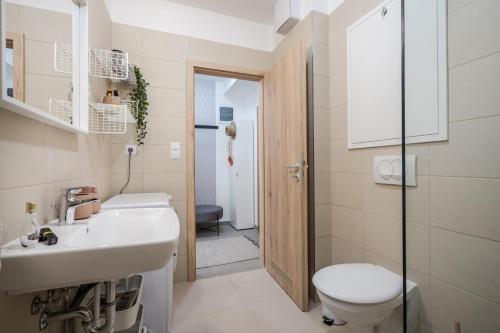 a bathroom with a white sink and a toilet at Cosy Tolnai street Apartments in Budapest