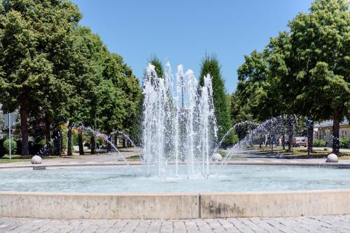 a fountain in a park with trees in the background at Hotel Astoria - Alexandra Krämer eK in Bad Füssing