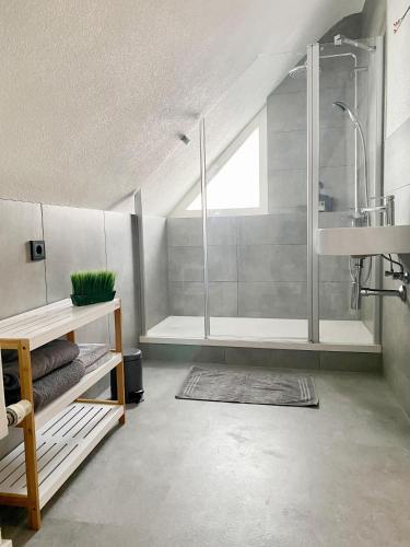 a large bathroom with a shower and a sink at Ferienwohnungen Annweiler am Trifels in Annweiler am Trifels