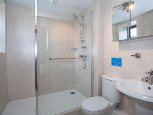 W łazience znajduje się prysznic, toaleta i umywalka. w obiekcie Honeysuckle Cottage - 27880 w mieście Elton