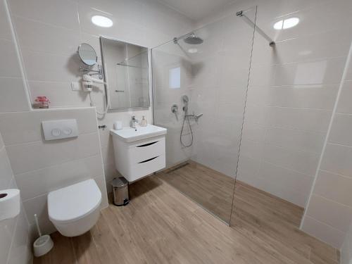 特里班的住宿－Seashells Apartments Tribunj，白色的浴室设有卫生间和淋浴。