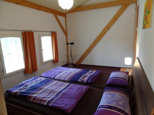 a bedroom with two beds and two windows at Nitschke "Zum Nusshof" in Ahrensfelde