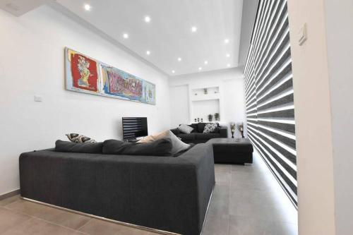 Ayios Dhometios的住宿－Glabur Stays - The Luxurious 3 BDR - Cozy apt Newly Renovated, Nicosia City，客厅配有两张沙发,墙上挂有绘画作品