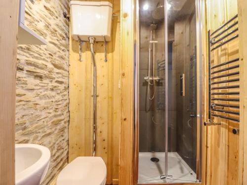 a bathroom with a shower and a toilet and a sink at Trewince Manor Cottage in Truro