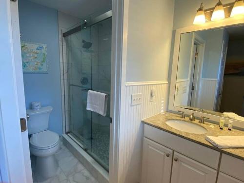 a bathroom with a shower and a toilet and a sink at Lagoon Villa 25 - Heart of Wild Dunes, Quick Walk to Beach in Isle of Palms