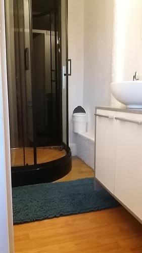 a bathroom with a shower and a sink and a mirror at Ellias in Pont-lʼAbbé