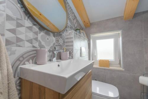 een badkamer met een wastafel, een spiegel en een toilet bij Villa Hakuna Matata by IstriaLux in Polje Čepić