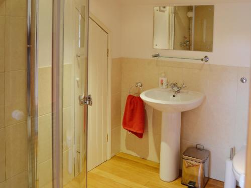 uma casa de banho com um lavatório e um chuveiro em Hollywell Barn em Menheniot