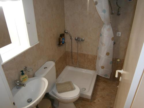 a bathroom with a toilet and a shower and a sink at Volos Studio Stella in Volos