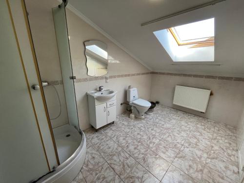 een badkamer met een toilet, een wastafel en een dakraam bij Готель МАГНАТ 