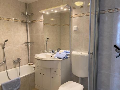 Un baño con inodoro, ducha y lavabo. en Apartmenthaus am Watt Büsum, en Büsum