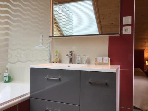 a bathroom with a sink and a mirror at Espace Acu-Nature in Saint-Évarzec