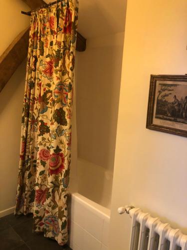 a bathroom with a shower curtain and a radiator at Chambres d'Hôtes Le Clos de Bonneval in Saint-Jean-de-Thouars