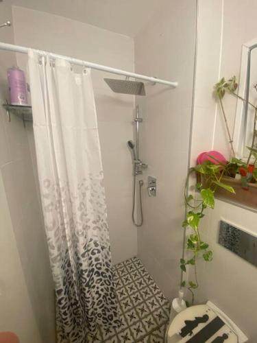 a bathroom with a shower curtain and a toilet at Dudger home in Yehud