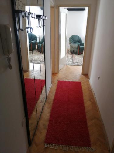 a hallway with a mirror and a red rug at STE-FI APARTMANS in Gostivar