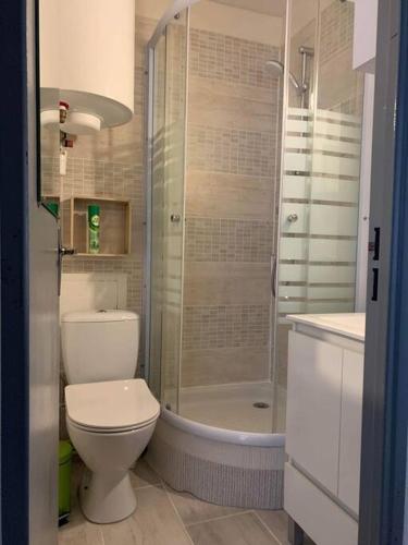 une salle de bain avec toilettes, douche et lavabo dans l'établissement Appart 5 pers port de Gruissan, à Gruissan