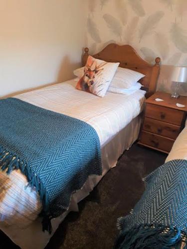 a dog laying on a bed in a bedroom at High Greenside in Kirkby Stephen