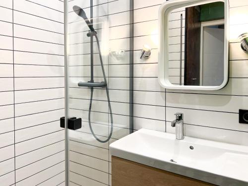 une salle de bain avec douche et lavabo dans l'établissement Leonardo lovely flat 2 rooms with AC, à Annecy