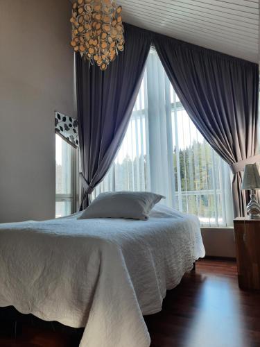 um quarto com uma cama e uma grande janela em Villa Kilpäkki em Pori