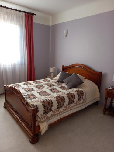 1 dormitorio con cama con edredón y ventana en residence emile, en Meyras