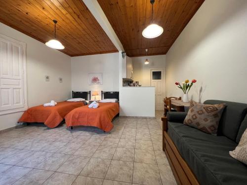 a bedroom with two beds and a couch at Perakis Apartments in Hydra