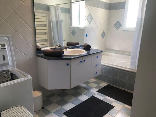 une salle de bain avec un lavabo, un miroir et une baignoire dans l'établissement Villa provençale avec piscine et grand jardin, à Saint-Geniès-de-Comolas