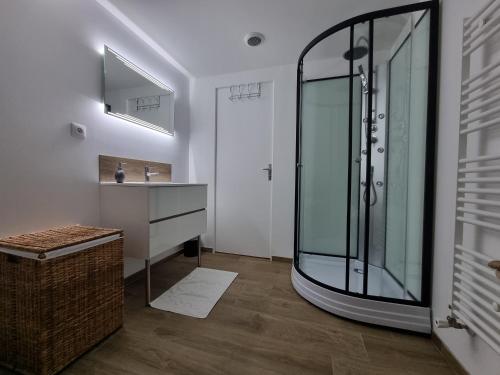 uma casa de banho com uma cabina de duche em vidro e um lavatório. em Appart dans grande demeure au calme em Auzebosc