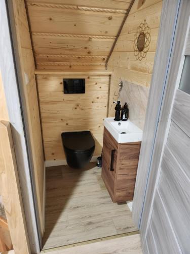 a small bathroom with a toilet and a sink at Domek rodzinny in Piekielnik