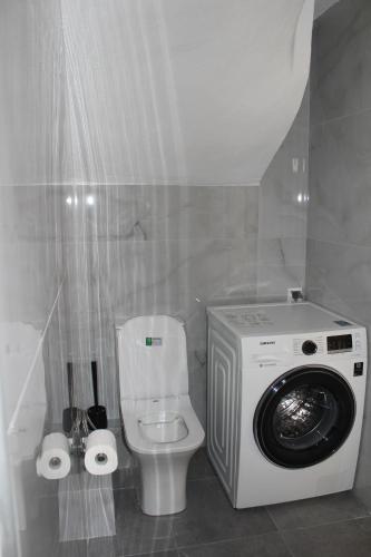 a bathroom with a washing machine next to a toilet at Petra in Afitos