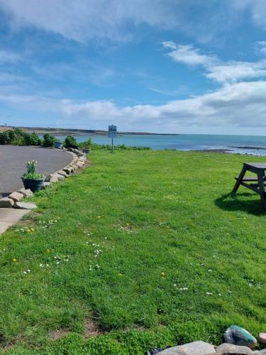 a park bench sitting in the grass near the ocean at Fishermans Cottage in Killough