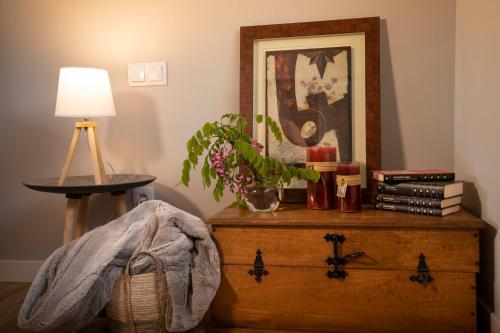 a room with a dresser with a lamp and a picture at Apartamentos Terraza Ega in Estella