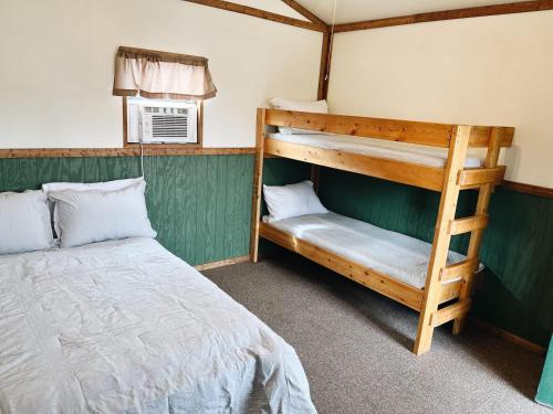 a bedroom with a bunk bed and a ladder at Cozy Cabin3 Within Campground in Mifflinburg