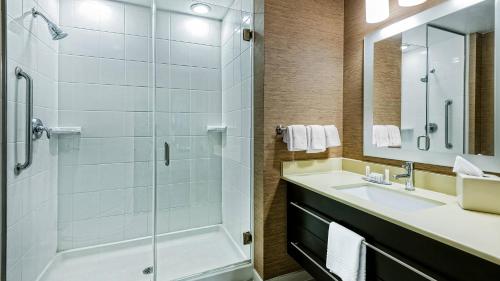 a bathroom with a shower and a sink at TownePlace Suites by Marriott San Antonio Downtown Riverwalk in San Antonio