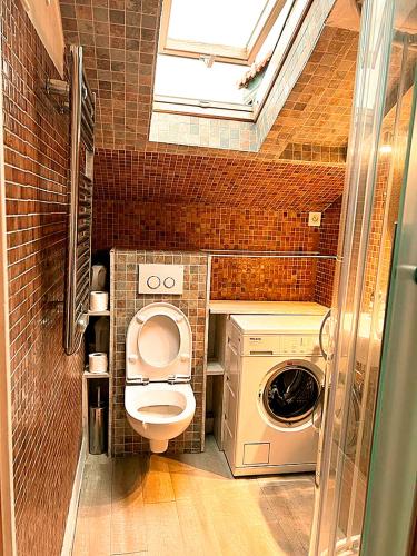 une petite salle de bains avec toilettes et lave-linge. dans l'établissement Studio 200 mètres plage -Côte des basques-, Biarritz, à Biarritz