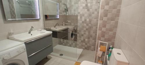 une salle de bain avec un lavabo et une machine à laver dans l'établissement AU NAUTILUS studio au port avec loggia et parking - plage à 50 m, à Saint-Cyprien