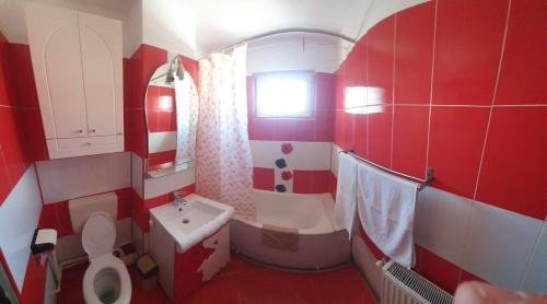 a red and white bathroom with a toilet and a sink at Blue Sky Apartament in Constanţa