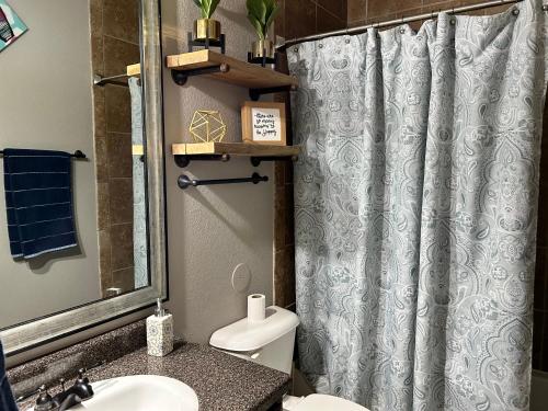 a bathroom with a shower curtain and a toilet at Hidden Gem Cozy Home MiCasa TuCasa in El Paso