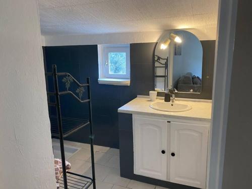 une salle de bain avec un lavabo et un miroir dans l'établissement Charmante maison avec piscine, à Gourdon