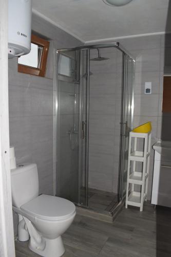 a bathroom with a toilet and a glass shower at Marco in Sarbinowo