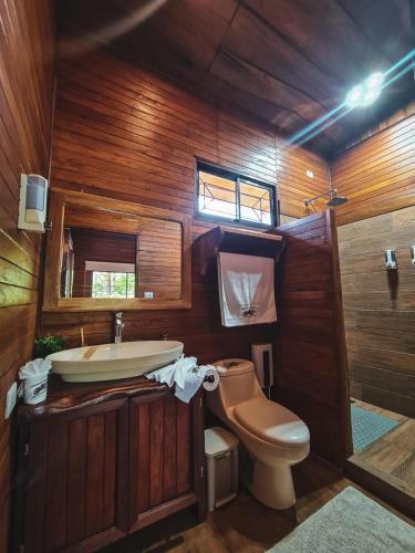 a bathroom with a toilet and a sink at Cabañas Don Ramiro in Colonia Dos Ríos
