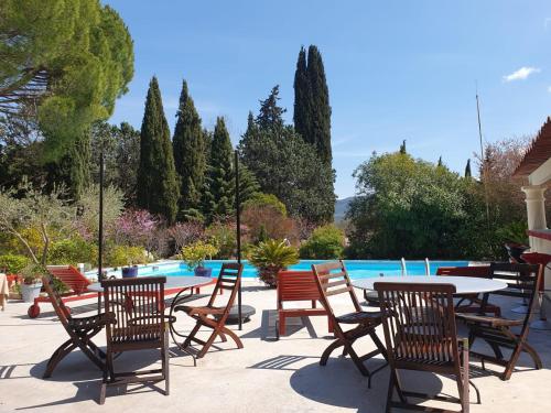 a patio with tables and chairs next to a pool at Au Mas Saint Pierre in Pignans