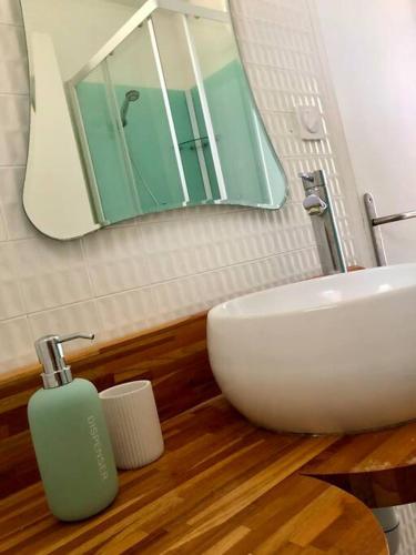 une salle de bain avec un lavabo blanc et un miroir dans l'établissement Appartement Cosy proche Futuroscope, à Jaunay-Clan