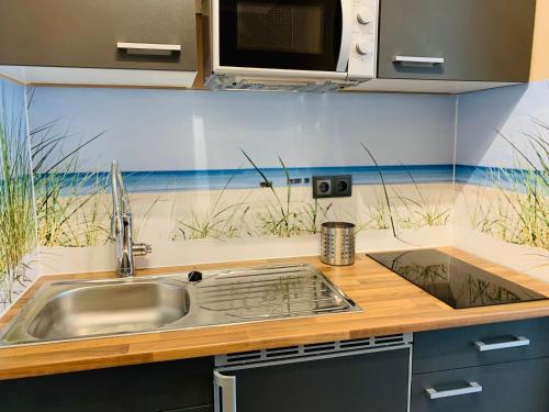 a kitchen with a sink and a counter top at FeWo-Strandhuus-107-70-Meter-zum-Strand in Burgtiefe auf Fehmarn 