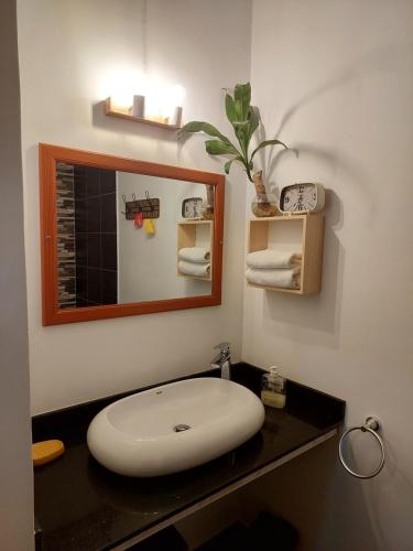 a bathroom with a white sink and a mirror at Labrize Studio in La Gaulette