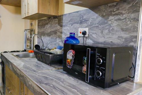 eine Küchentheke mit Mikrowelle und Spüle in der Unterkunft Khalisee Homes Studio Apartment 2 in Voi