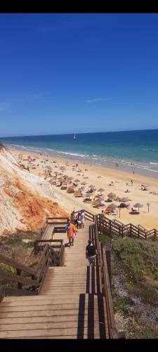a boardwalk leading to a beach with umbrellas at AlbufeiraSun, arrive as a guest leave as a friend. in Albufeira