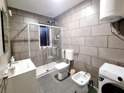 a bathroom with a toilet and a sink and a shower at Apartments Žman in Žman