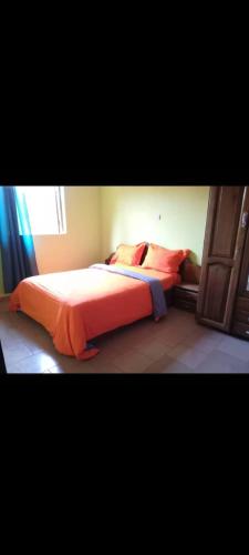 1 dormitorio con 2 camas con sábanas de color naranja y ventana en Angelus Meublés, 